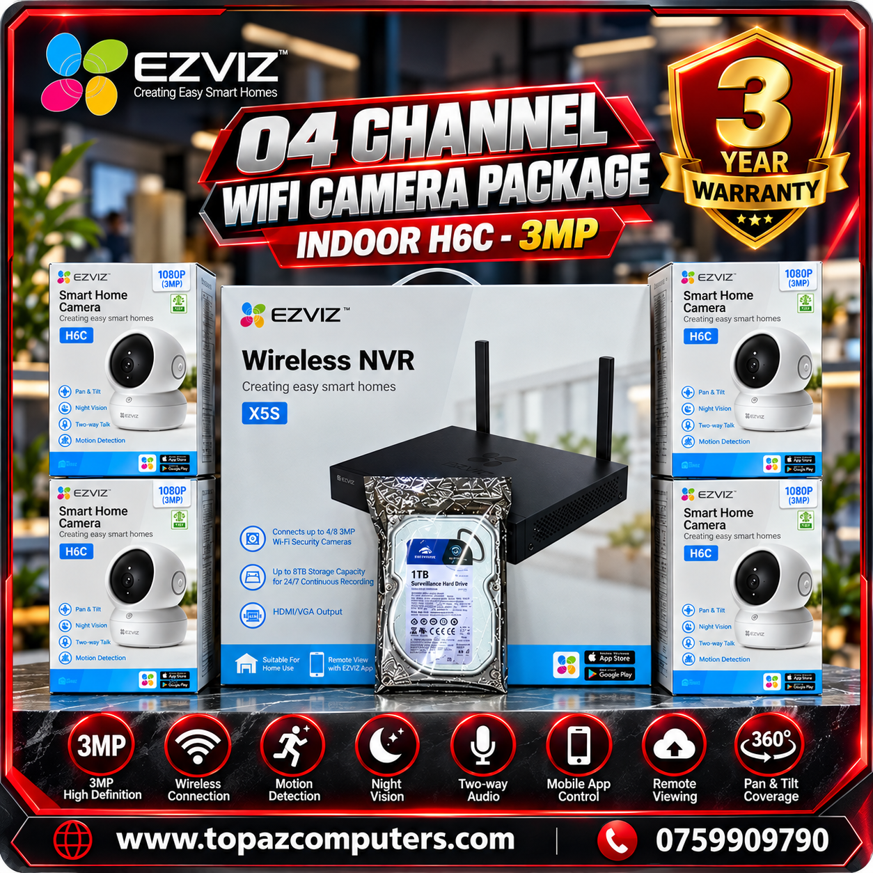 EZVIZ H6C 3MP 4 Camera Indoor WiFi CCTV Package