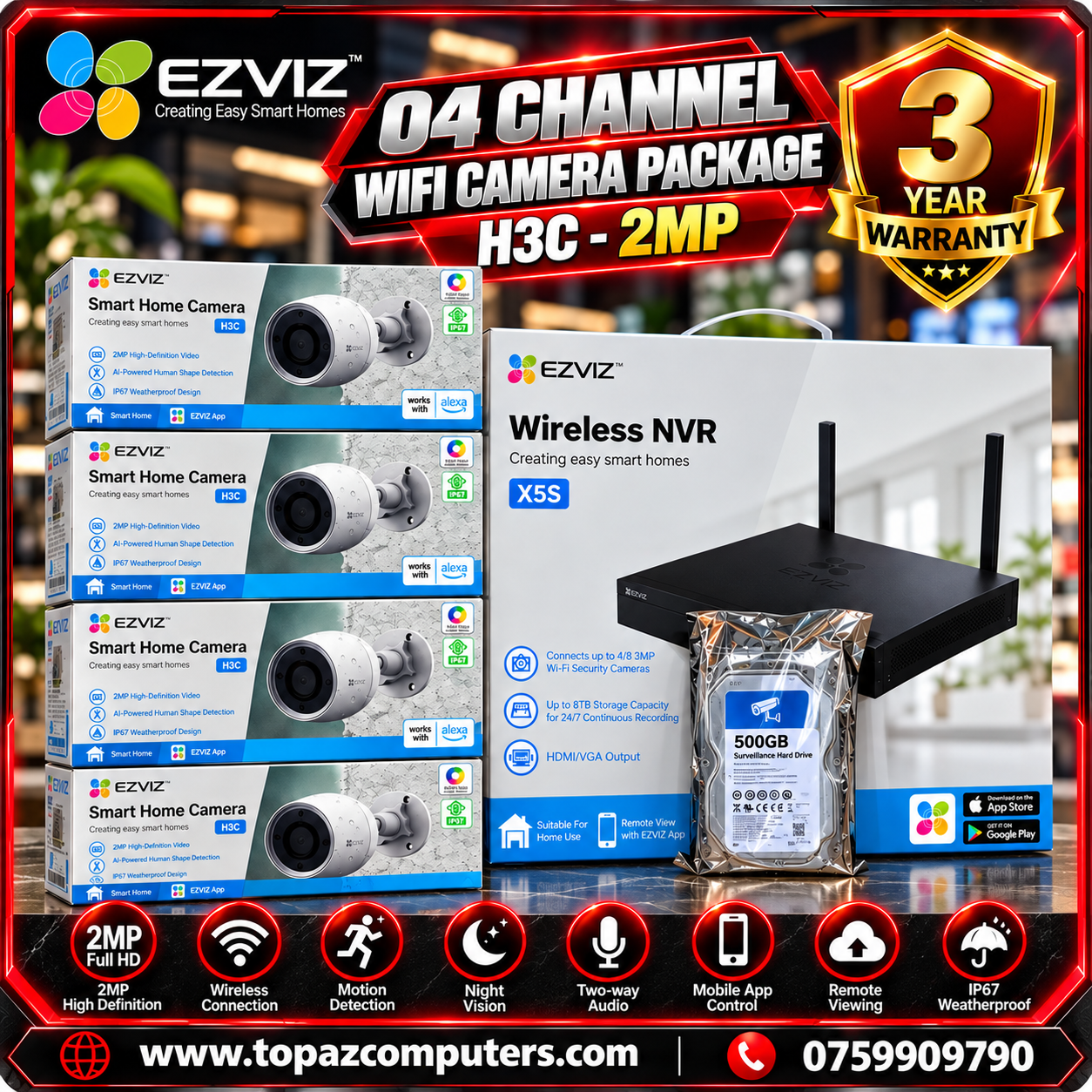 EZVIZ H3C 4 Camera Outdoor WiFi CCTV Package
