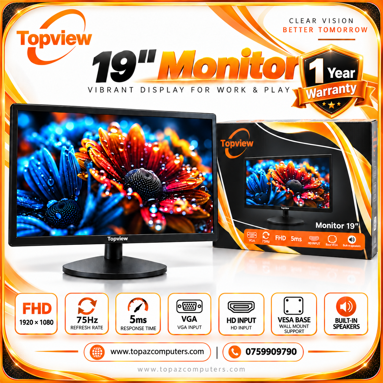 19 Inch Monitor with Mic - 1 Year Warranty