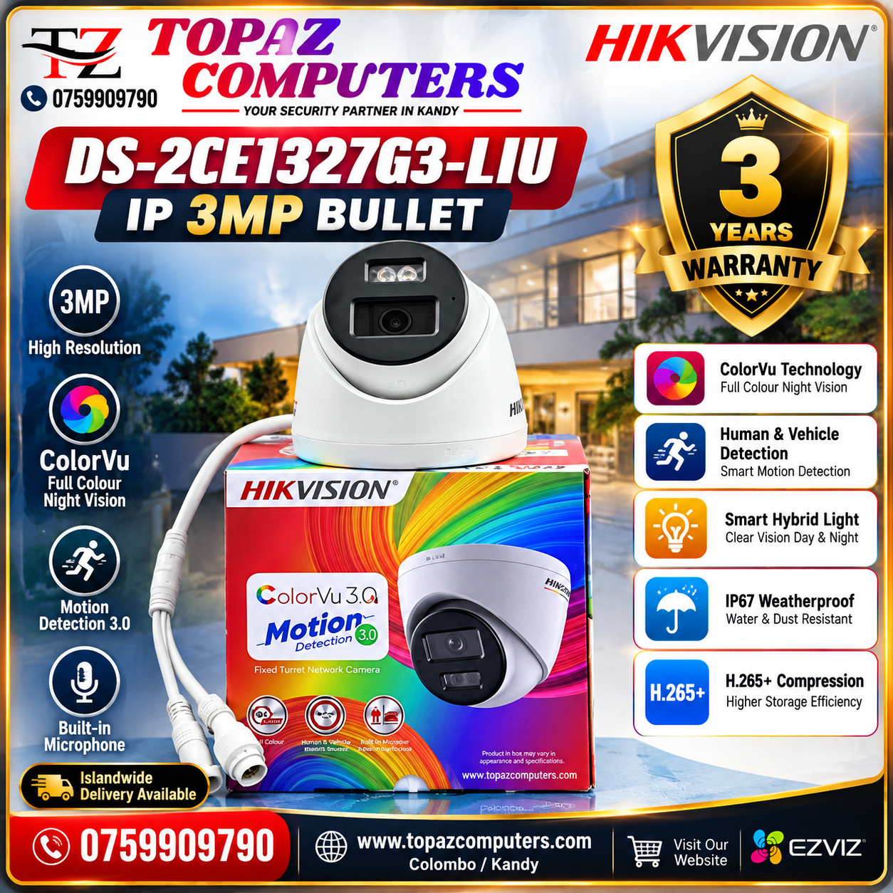 Hikvision ColorVu 3.0 IP Dome Camera DS-2CD1327G3-LIU